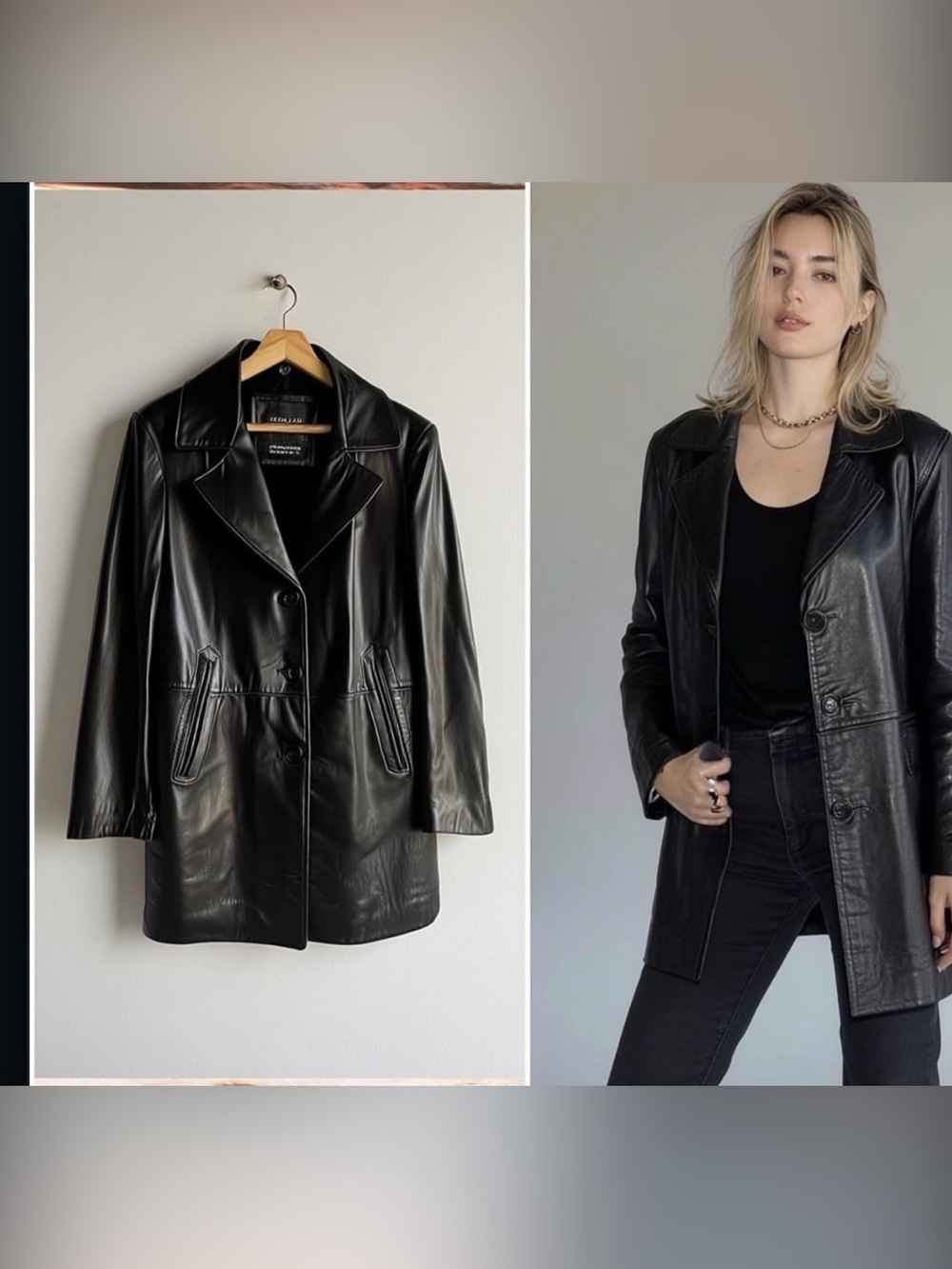 Wilsons Leather Blazer Jacket Womens Small Black 3 Button Trench Coat